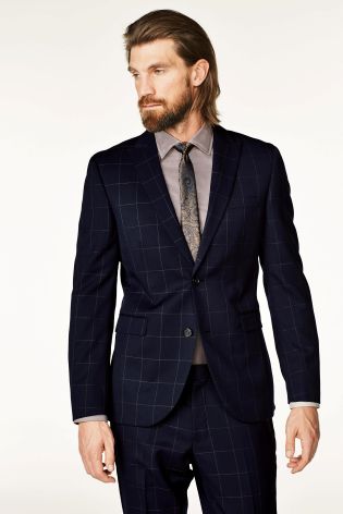 Navy Windowpane Check Slim Fit Suit: Jacket